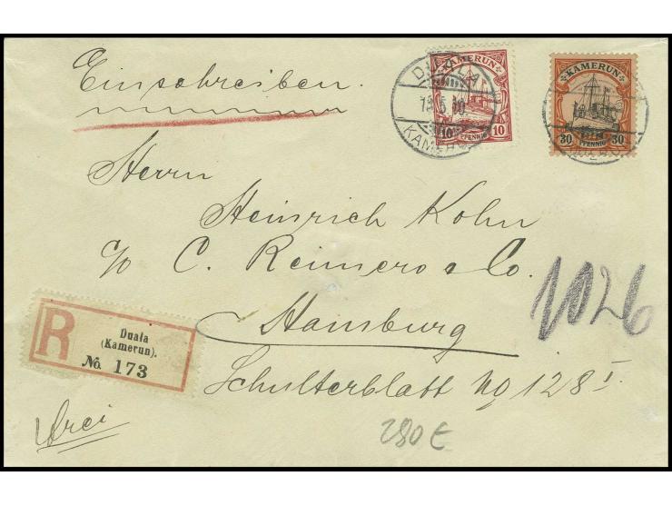 30 Pfg. mit 1905/19, 10 Pfg., jeweils gestempelt "DUALA 18.510" auf R-Brief (2 kleine Löcher vorderseitig geschlossen) nach H