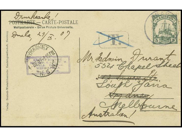 1905/19, mit Wasserzeichen: 5 Pfg. mit Stempel "JABASSI 1.10.07" auf Ansichtskarte als Drucksachenkarte nach Sydney mit Nachp