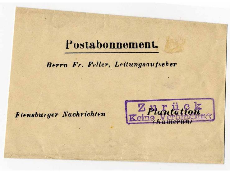 1914, Vordruck-Streifband der Flensburger Nachrichten nach Plantation, wegen Kriegsbeginn mit Ra2 "Zurück keine Postverbindun