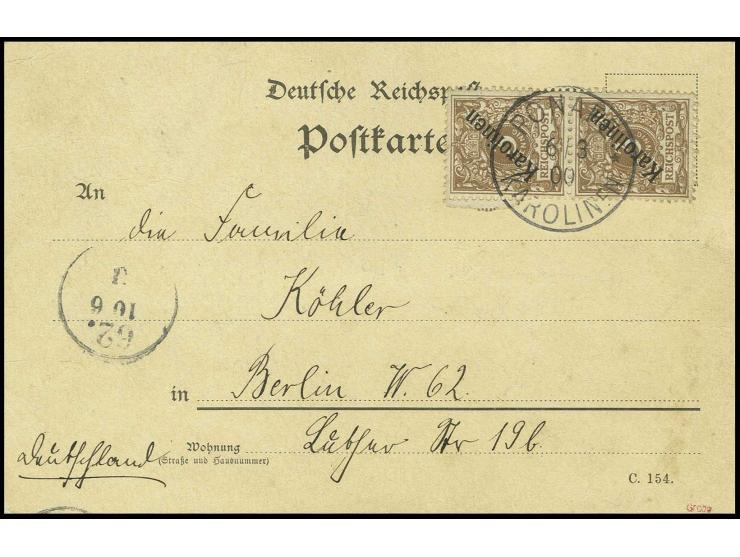 3 Pfg. im senkrechten Paar (zur Kontrolle gelöst und mit Falz replaziert) mit Stempel "PONAPE 6.3.00" auf Postkarte mit viel 