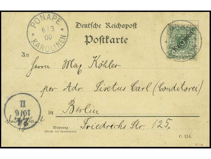 5 Pfg. (zur Kontrolle gelöst und mit Falz replaziert) mit Stempel "PONAPE 6.3.00" auf Postkarte mit viel Text nach Berlin mit