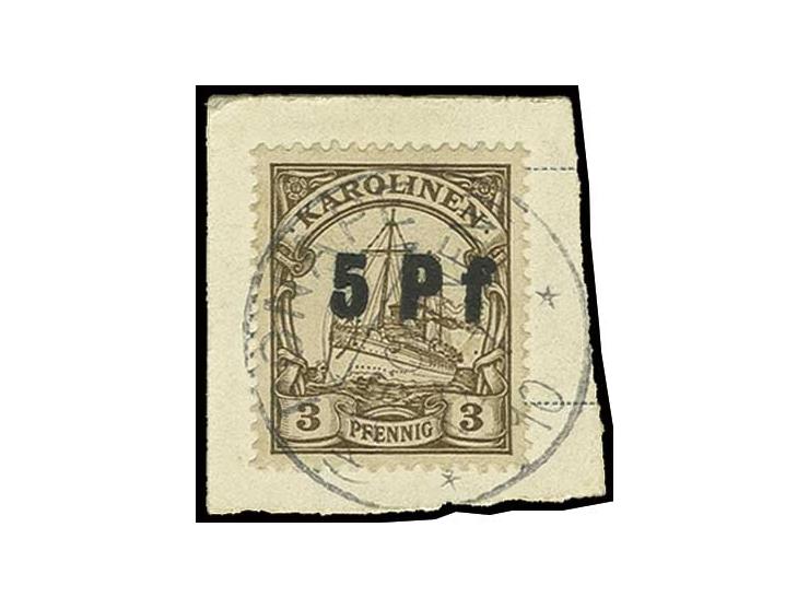 1900, 2. Ponape-Provisorium 5 Pf. auf 3 Pfg. mit Stempel "PONAPE 12/7 10" auf kleinem Briefstück, Pracht, u.a. doppelt sign. 