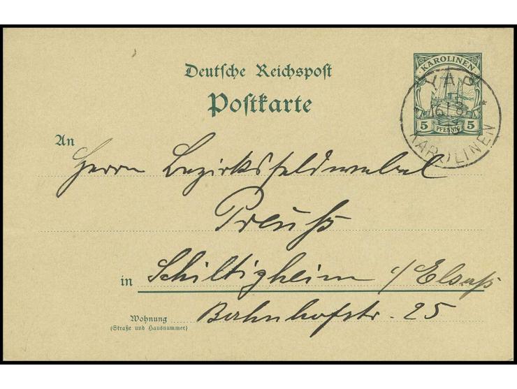 GANZSACHEN: 1901, Karte 5 Pfg. mit Stempel "YAP 16.8.13" und Text sowie rückseitig viol. L1 "Kaiserliche Postagentur Yap" nac