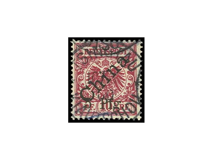 1900, 1. Tsingtau-Ausgabe 5 Pfg. auf 10 Pfg. mit diagonalem Aufdruck und kurzem Blaustrich, sauber gestempelt, Kabinett, selt