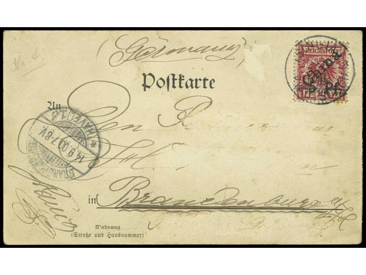 5 Pf. auf 10 Pfg. mit zusätzlichem Handstempelaufdruck "5 Pf." in größerer Type mit Stempel "TSINGTAU 2/8 00" auf Karte, etwa