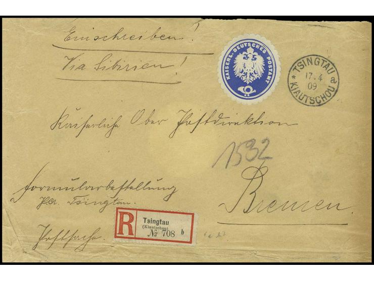 1909, R-Postsache mit Stempel "TSINGTAU 17.4." und Siegelmarke des Postamtes nach Bremen, Umschlag mit Randmängel und rücksei