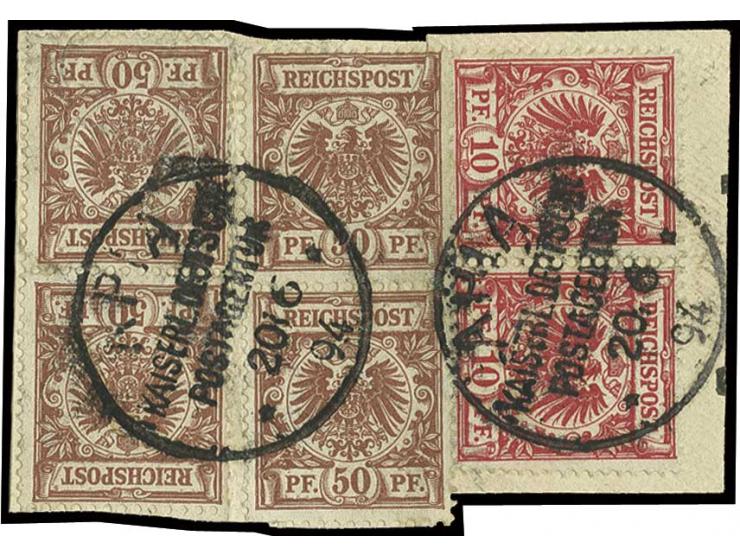 10 Pfg. mittelrot im waagerechten Paar und 2 senkrechte Paare 50 Pfg. lebhaftrötlichbraun mit Stempel "KDPA APIA 20.6.94" auf