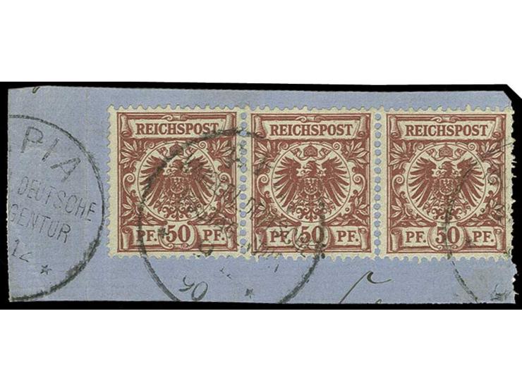 50 Pfg. bräunlichrot, waagerechter Dreierstreifen (rechte Marke fast getrennt), gestempelt  "APIA 9 12 90" auf Briefstück, Fo