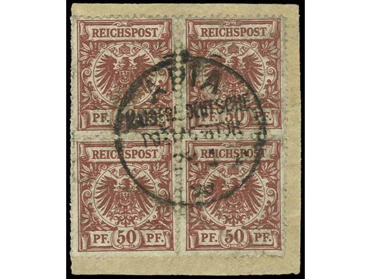 50 Pfg bräunlichrot, 2 senkrechte Paare mit zentrischem Stempel "KDPA APIA 28.1.90" auf Briefstück, rechte untere Marke Zahnf