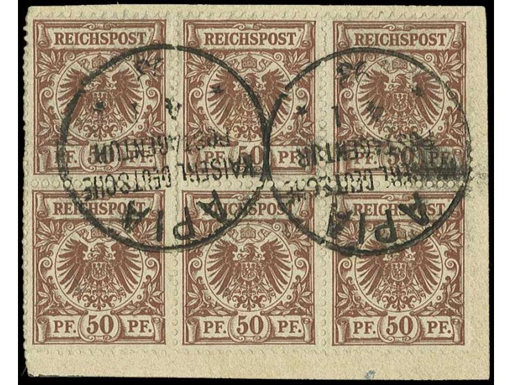 50 Pfg. lebhaftrötlichbraun im senkrechten 6er-Block mit 2mal Stempel "KDPA APIA 4.1.93" auf Briefstück, 1 kurzer Zahn, sonst