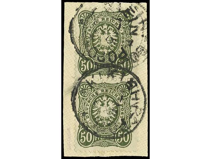 50 Pfg. dunkelgraugrün im senkrechtem Paar mit jeweils Stempel "KLEIN POPO 17/5 89" auf Briefstück, Kabinett, sign. und Fotoa