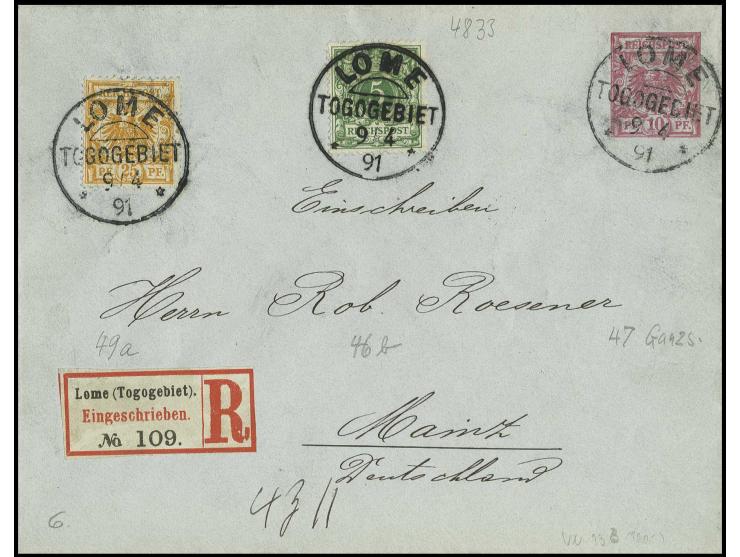 25 Pfg. gelborange und 5 Pfg. opalgrün auf Umschlag 10 Pfg. mit Stempel "LOME 9/4 91" als R-Brief nach Mainz, gute Erhaltung,