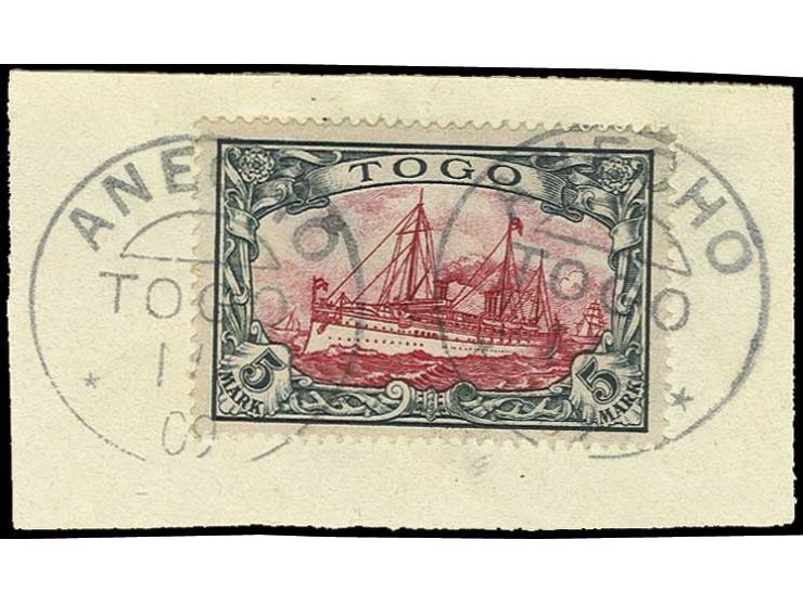 1900, 5 M. mit Stempel "ANECHO 1 6 09" auf Briefstück, Kabinett, sign. Pfenniger (ex Sammlung Gubito)