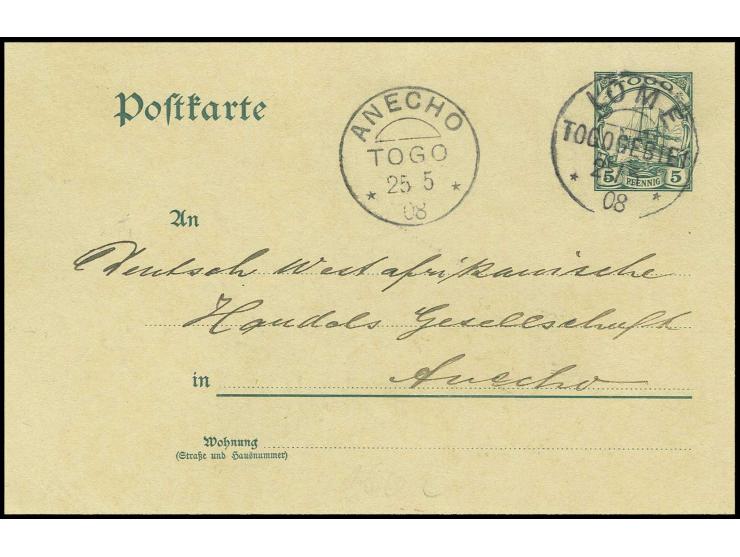 1908, Karte 5 Pfg. grün mit Stempel "LOME 25.5.08" als Bedarfskarte der Woermann-Linie nach Anecho mit vorderseitigem Ankunft