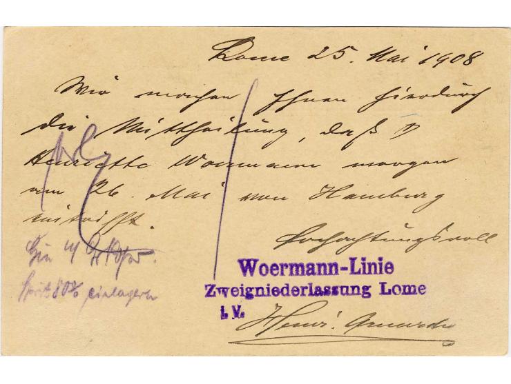 1908, Karte 5 Pfg. grün mit Stempel "LOME 25.5.08" als Bedarfskarte der Woermann-Linie nach Anecho mit vorderseitigem Ankunft