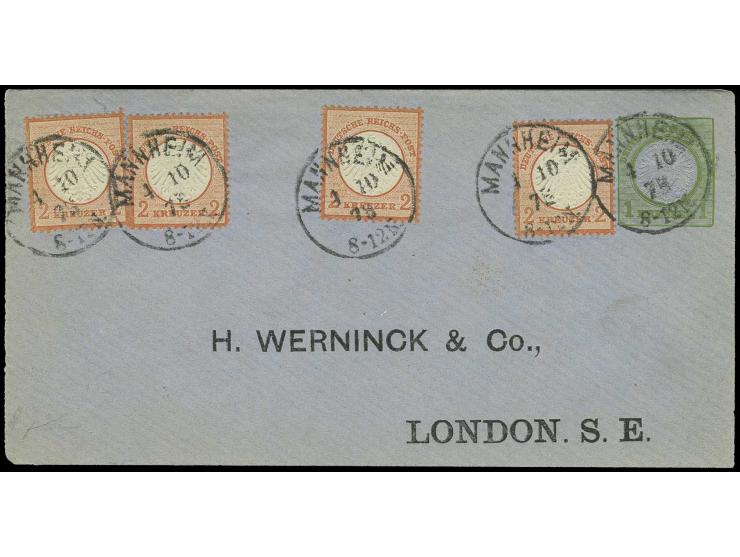 2 Kreuzer ziegelrot, 4 Werte als Zusatzfrankatur auf 1873, Privatganzsachenumschlag 1 Kr. grün der Firma H. Werninck & Co. (u