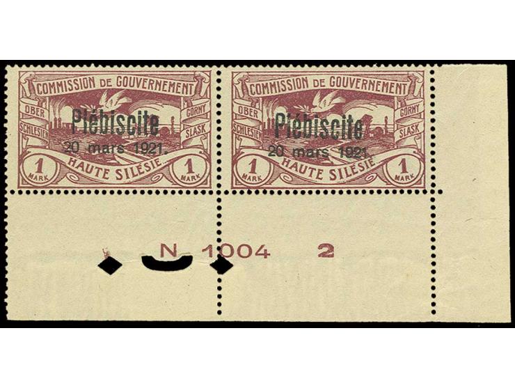 1921, "Plebiscite" 10 Pfg.-1 M. kpl., die Kleinformate im 3er-Streifen, die Großformate in Paaren, alle vom Unterrand, die Gr