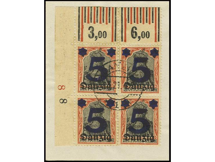 1920, "Danzig" auf Germania: 15 Pfg. im Viererblock aus der linken oberen Bogenecke, dabei auf Feld 12 Urmarken-Plattenfehler