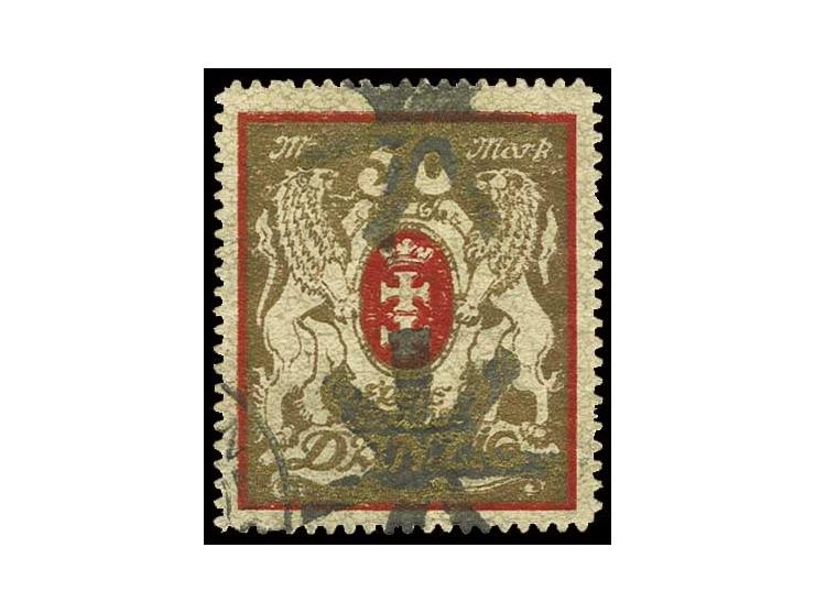 50 M. rot/gold mit Wz. 1 Y und zeitgerechter Entwertung (Sicherungsstempel aus Danzig-Langfuhr), Pracht, Fotobefund Gruber BP