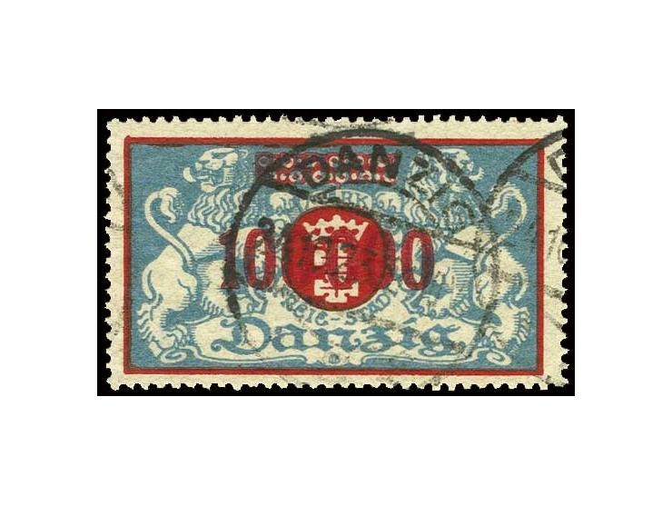 1923, 100 000 auf 20 000 M. mit Aufdruckabart "vierte 0 von links oben offen" und zeitgerechtem Stempel "DANZIG 5 24.10.23", 