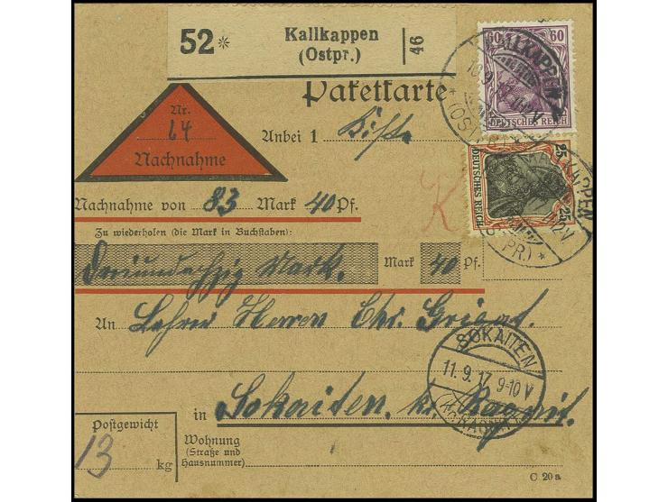 1917, 25 und 60 Pfg. Germania mit Stempel "KALLKAPPEN 10.9.17" auf Nachnahme-Paketkarte nach Sokaiten mit vorderseitigem Anku