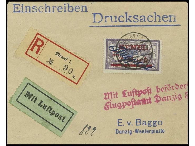 3 M. mit Stempel "Memel 19.9.22" auf R-Drucksache nach Danzig mit Bestätigungs- und Ankunftsstempel, Kabinett