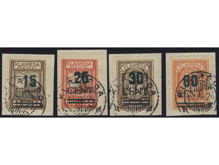 15-60 C. kpl. mit Stempel "Klaipeda 14.IX.24" auf Briefstücken, Fotoattest Petersen BPP