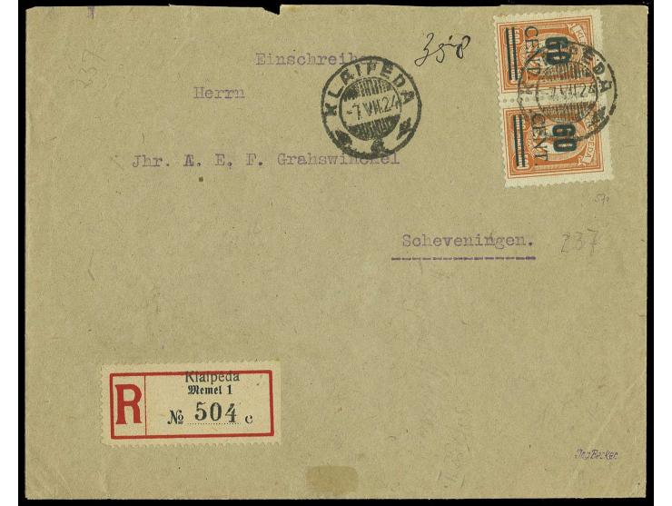 60 C. im waagerechten Paar mit Stempel "KLAIPEDA 7.VII.24" auf R-Brief nach Scheveningen, links unten minimal stockig, Zähnun