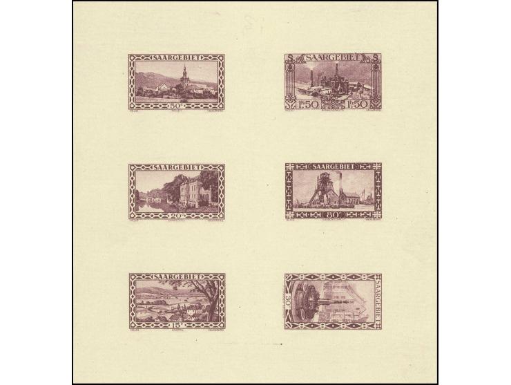 1926, Landschaftsausgabe, alle 6 Zeichnungen kpl. mit Wertstufen ex 15 C.-1,50 Fr. als Probedruck-Block in grauviolett, ungez