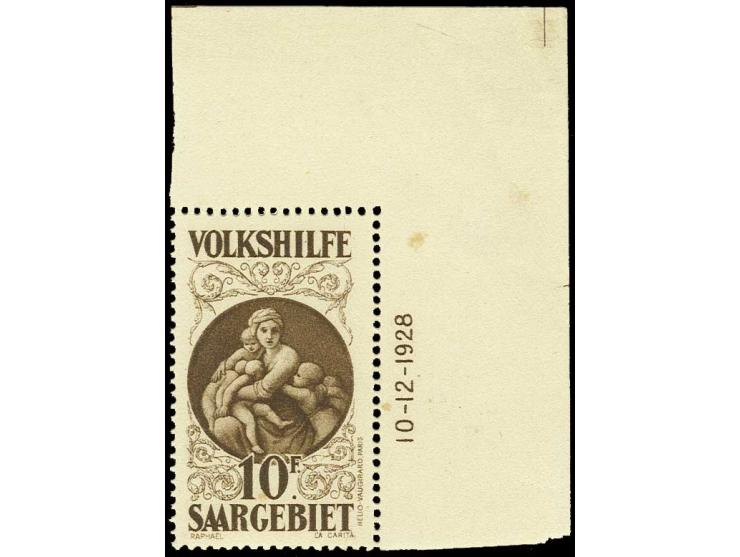 1928, Volkshilfe 40 C.-10 Fr. kpl. aus der Bogenecke mit Druckdatum, postfrisch, im Rand sowie 40 C. teils gering fleckig