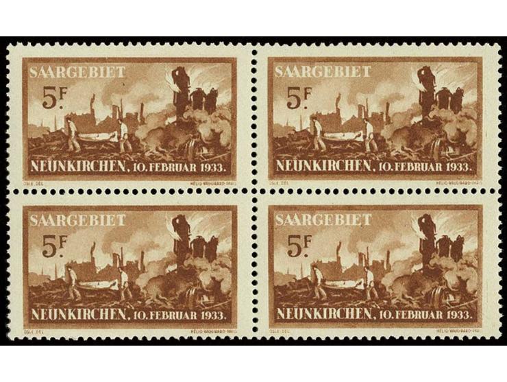 1933, Neunkirchen 60 C.-5 Fr. kpl. in 4er-Blocks, postfrisch, Kabinett (Mi. 1080,-)