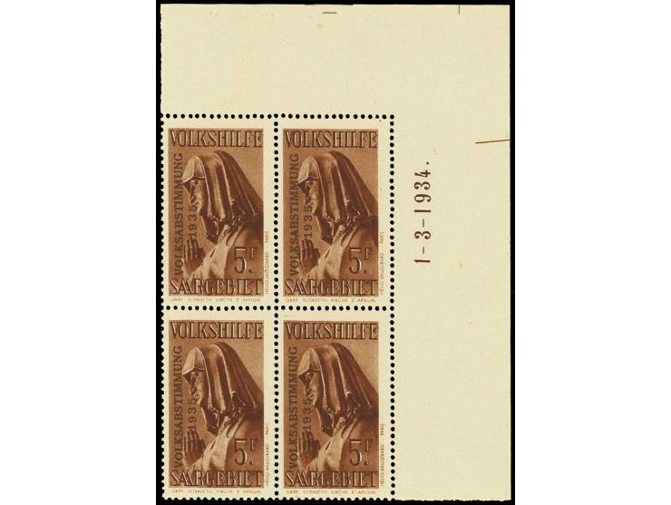 1934, Volksabstimmung Volkshilfe 40 C.-5 Fr. kpl. in 4er-Blocks aus der Bogenecke mit Druckdatum, postfrisch, teils gering fl