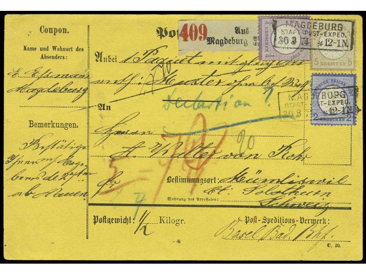 1/4 Groschen grauviolett, 2 Groschen ultramarin und 5 Groschen ockerbraun mit Ra3 "MAGDEBURG/STADT-POST-EXPED./30 3 74" auf g