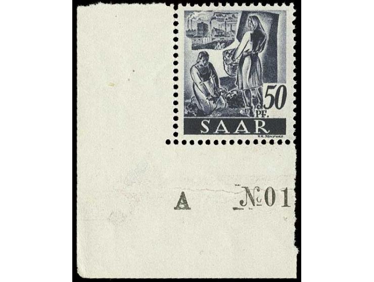 Neuauflage ohne Aufdruck: 50 Pfg., linkes unteres Eckrandstück mit Teil der Platten-Nr., postfrisch, im Rand etwas knittrig (