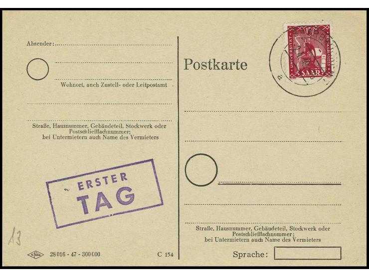 1948, Wiederaufbau 15 Fr. mit Ersttagsstempel "SAARBRÜCKEN 2.4.49" auf Blanko-Karte, Fotoattest Ney BPP (Mi. 4000,-)