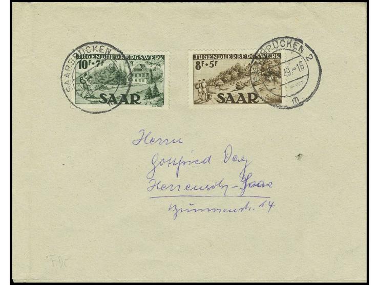 1949, Jugendherberge 8 und 10 Fr. mit Ersttagsstempel "SAARBRÜCKEN 11.1.49" auf Brief, dabei 10 Fr. mit Plattenfehler "Rahmen