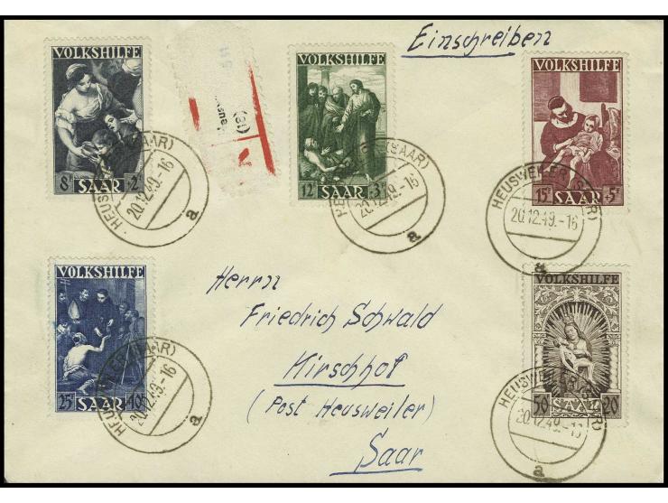 8 -50 Fr. kpl. mit Ersttagsstempel "HEUWEILER 20.12.49" auf Umschlag nach Kirschhof, R-Zettel entfernt und nicht als R-Brief 