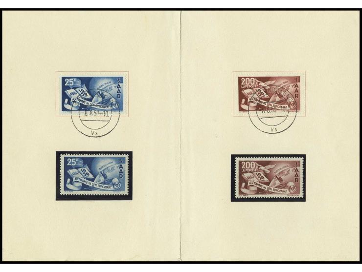 1950, Europarat 25 und 200 Fr. postfrisch sowie mit Ersttagsstempel "SAARBRÜCKEN 8.8.50" in Faltkarte des Wirtschaftsminister
