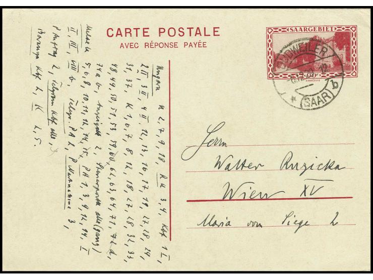 1922, Doppelkarte 90 C. rot von "DUDWEILER 6.1.29" nach Wien, Antwortkarte ungebraucht anhängend