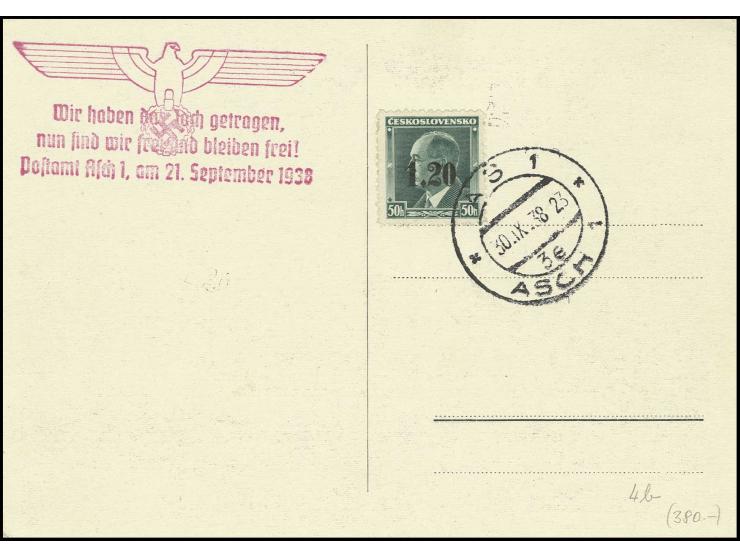 1938, 1,20 Kc. auf 50 H. mit schwarzem Aufdruck, mit Stempel "AS 1 30.IX.38" auf Blanko-Propaganda Karte, Pracht (ex Sammlung