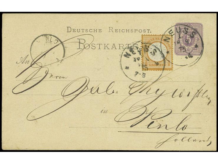 1/2 Groschen orange als Zusatzfrankatur auf 1875, Ganzsachenkarte 5 Pfennige mit Postamtsnummern-EKr. "NEUSS 1./18 8 75" nach