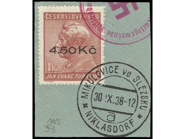 Purkyne 4,50 Kc. auf 1Kc. mit rotem Befreiungsstempel und Tagesstempel auf Briefstück, sign. Dr. Hörr, Pracht (ex Sammlung Gu
