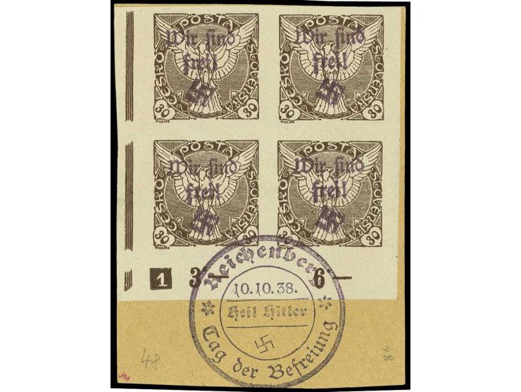 30 H. siena im Viererblock aus der linken unteren Bogenecke mit Plattennummer "1", mit Stempel "REICHENBERG 10.10.38" auf Bri