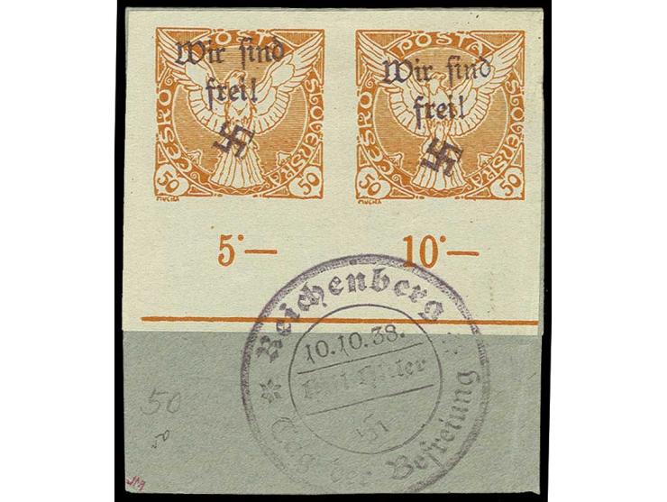 50 H. im waagerechten Unterrandpaar mit Stempel "REICHENBERG 10.10.1938" auf Briefstück, (Stempel geht nur auf den Unterrand 
