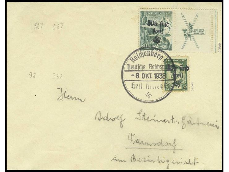 Geburtstag Masaryk 50 H. und Sokol 50 H. mit nicht überdrucktem Zierfeld mit Stempel "REICHENBERG 8.OKT.1938" auf beschriftet