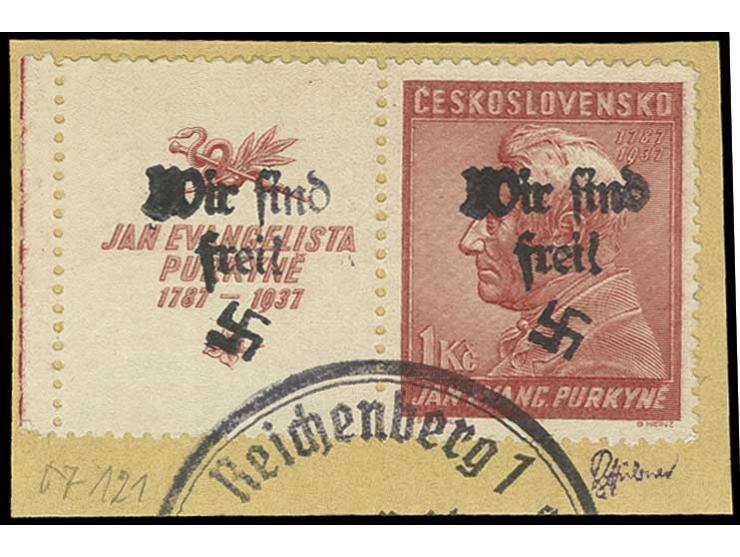 Purkyne 50 H. und 1 Kc. mit überdruckten Zierfeld mit Stempel "REICHENBERG" auf Briefstück, sign. Hübner, Pracht (ex Sammlung