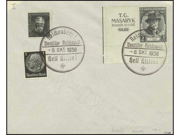 Masaryk 2 Kc. aus der linken unteren Bogenecke mit nicht überdrucktem Zierfeld mit 50 H. und 1 Pfg. Hindenburg, gestempelt "R