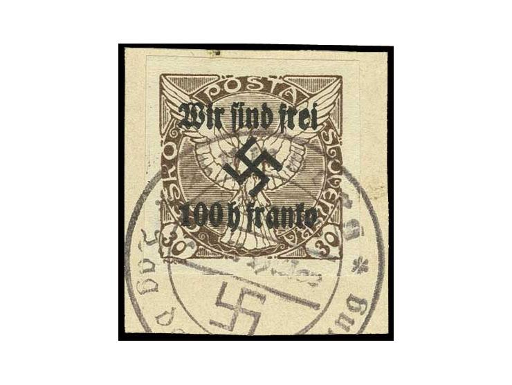 1938, Zeitungsmarke 100 H. auf 30 H. siena mit Befreiungsstempel auf Briefstück, Dr. Hörr und Mahr BPP, Kabinett (ex Sammlung