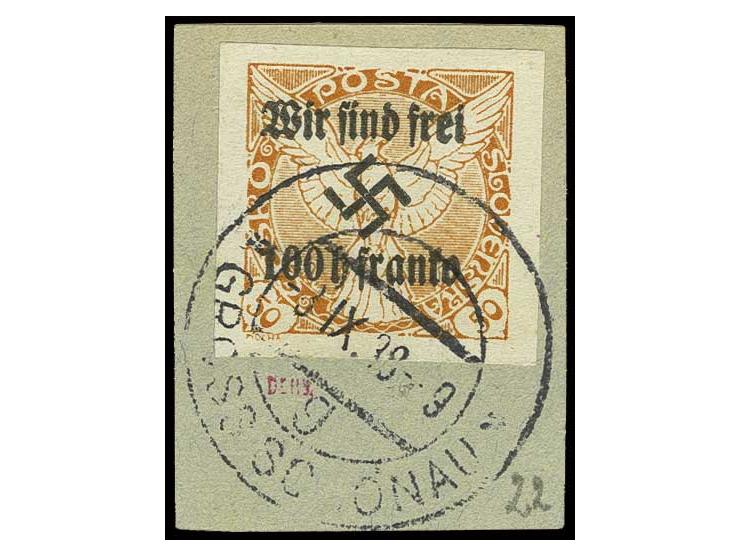100 H. auf 50 H. orange mit Stempel "GROSSSCHÖNAU 8.IX.38" auf Briefstück,  Dr. Dub und Dr. Hörr, Kabinett (ex Sammlung Gubit