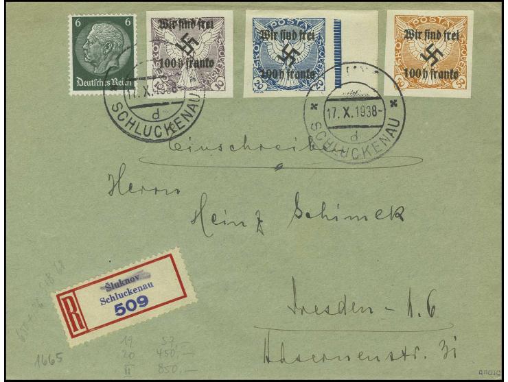100 H. auf 50 H. sowie 100 H. auf 10 H. und 100 H. auf 20 H. und 6 Pfg. Hindenburg mit Stempel "SCHLUCKENAU 17.X.1938" auf R-